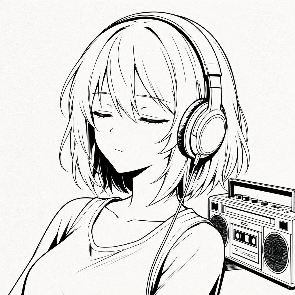 a girl with headphones, a cassette deck behind her